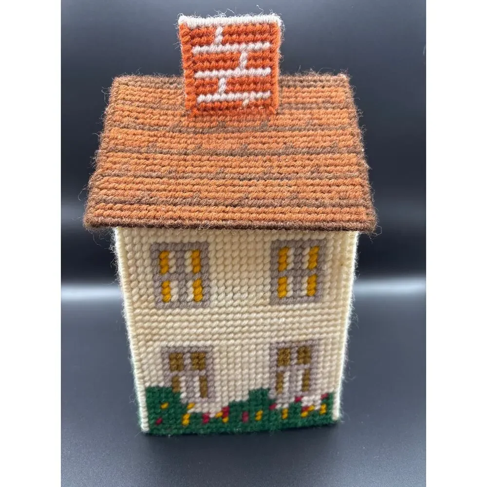 Vintage Yarn Plastic Canvas Tissue Box Cover Cottage House Retro with Tissue Box